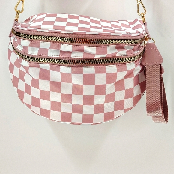 Viral Mary Poppins Bag Pink And White Check Crossbody Bag New - Picture 1 of 6